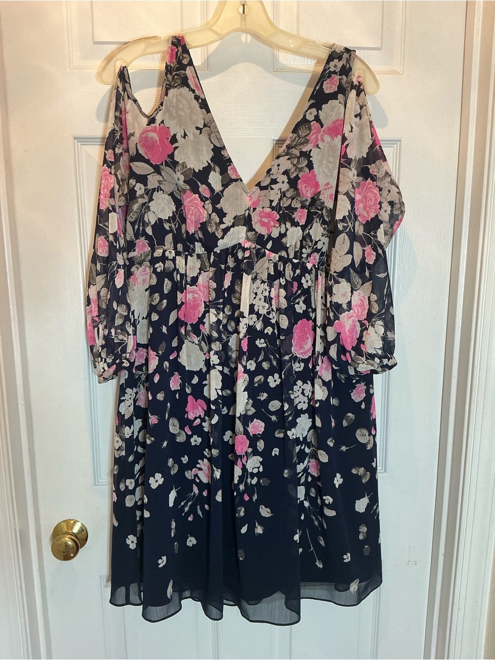 INC Floral Babydoll Cold Shoulder Dress Size 10 Navy Pink